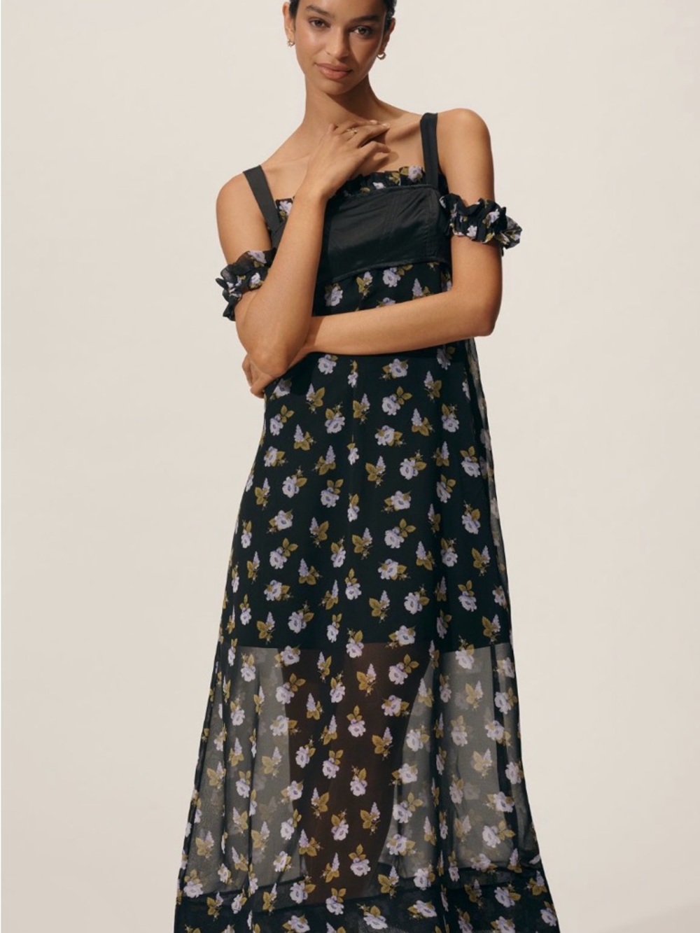 Anthropologie Maeve Square Neck Sheer Floral MIDI Dress